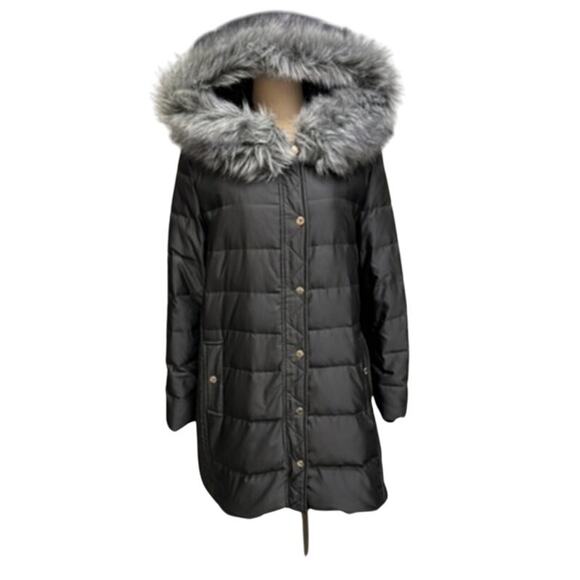 "KATE SPADE" Womens Gray Long Puffer Coat SZ L Removable Faux Fur On Hood Winter - Picture 1 of 16